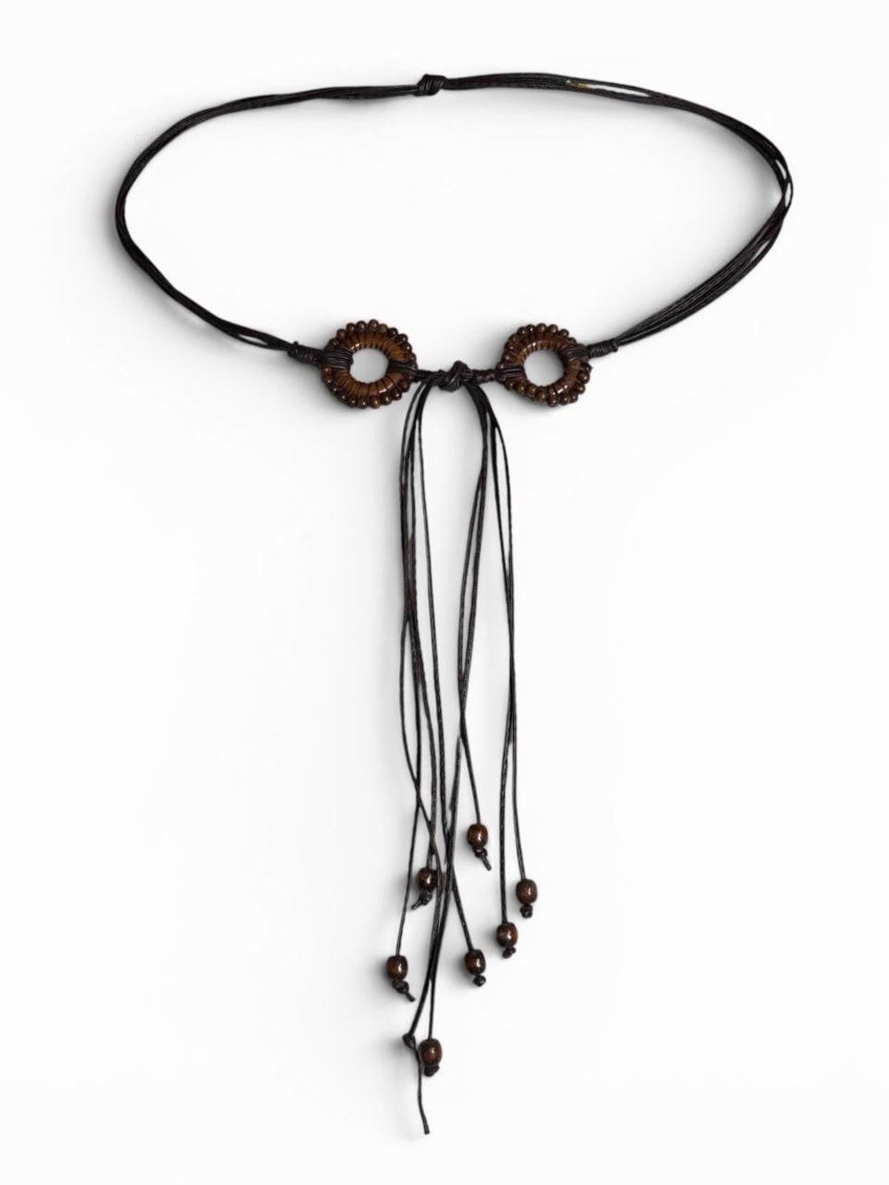 Beaded Rope Boho Brown Belt with Wooden O-Ring Detail